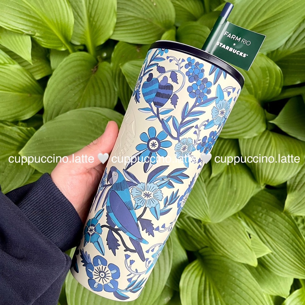NWT🌴Starbucks x Farm Rio ‘Lenco Azulejo’ Blue & White Shades Tropical SS Tumbler - Picture 4 of 9